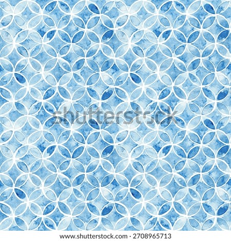 Seamless watercolor geometric pattern. Soft blue washes with overlapping circular shapes.