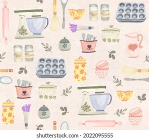 Seamless Watercolor And Gouache Hand Painted Repeating Pattern Tile.  Kitchen And Baking Items On Pastel Background.  Hygge.  Vintage. Perfect For Wallpaper, Gift Wrap, Textiles, Surface Design 