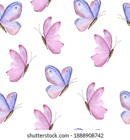 Seamless watercolor hand drawn pattern with pink purple lavender violet butterflies. Trendy wild insect background for textile wallpaper. Elegant vintage design for spring summer fabric.