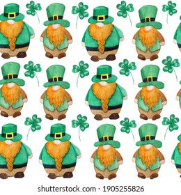 Seamless Watercolor Hand Drawn Pattern With St Patricks Day Parade Elements, Irish Ireland Gnomes Dwarfs Leprechauns In Green Hats. Lucky Clover Shamrock Background, Magic Celtic Culture Tradition.