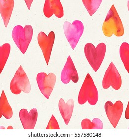 Seamless Watercolor Hear Pattern On Paper Texture. Valentine Background 