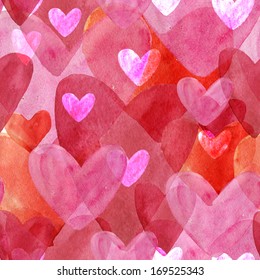 Seamless Watercolor Heart Pattern On Paper Texture. Valentine's Day Background