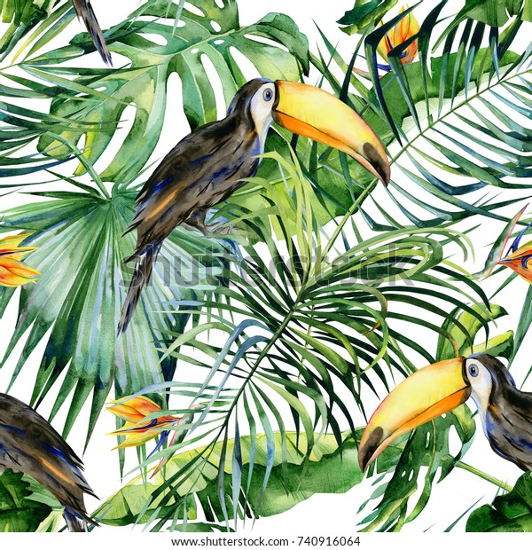 トゥーカン鳥のシームレスな水彩イラスト ランファスト 密なジャングルの背景に熱帯の葉 マキバラ 手描き 夏向きの模様 ココナツヤシの葉 のイラスト素材