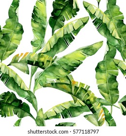 Seamless watercolor illustration of tropical leaves, dense jungle. Pattern with tropic summertime motif may be used as background texture, wrapping paper, textile,wallpaper design. Banana palm leaves.