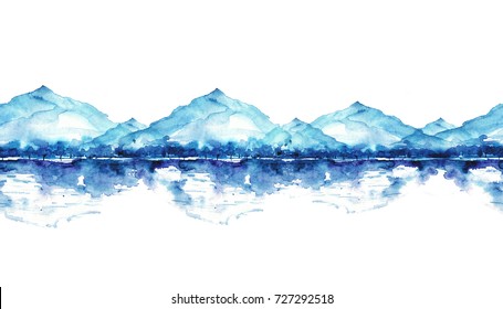 Seamless Watercolor Linear Pattern, Border. Blue Mountain Landscape, A River, A Forest And A Reflection In The Water,  Silhouette Of Trees. On White Isolated Background..

