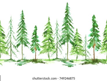 Seamless watercolor linear pattern, border. green spruce, pine, cedar, larch, abstract forest, silhouette of trees. On white isolated background. Coniferous forest