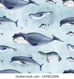 Seamless watercolor pattern about sea fauna  marine animal  Gray dolphin  whale  fish   seal blue