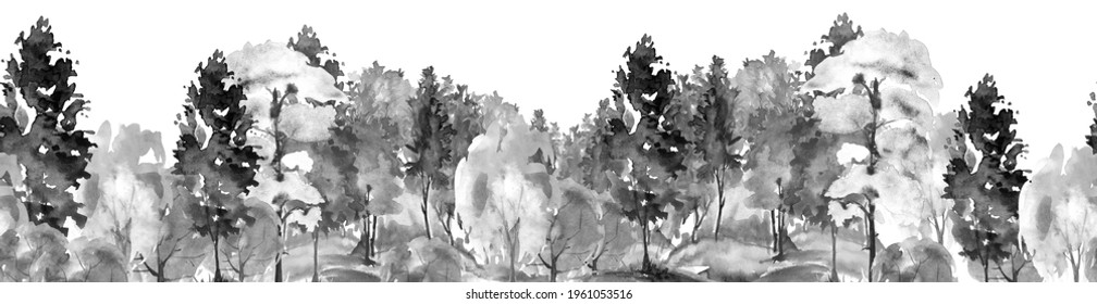 Seamless watercolor pattern. Autumn landscape, forest, park. Silhouettes of trees and bushes. Linear curb. Mixed forest - oak, ash, maple, birch, pine, cedar, spruce. Black and white ink drawing.