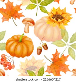 Seamless watercolor pattern with autumn leaves, pumpkins, mushrooms and acorns. Fall endless background