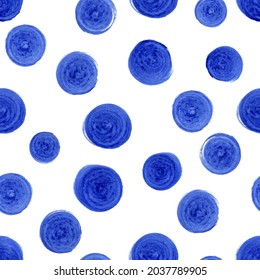 Seamless watercolor pattern of blue circles dots on a white background. Polka dot watercolor seamless pattern.