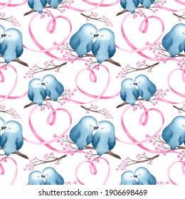 Seamless watercolor pattern with blue lovebirds on cherry branches and pink ribbons. Hand-drawn illustrated digital paper for nursery, clothing, fabric, scrapbook, gift wrap, wallpaper, and party deco - Powered by Shutterstock