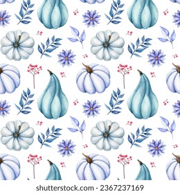 Seamless watercolor pattern with blue pumpkins, leaves, flowers and berries. Botanical fall background - Powered by Shutterstock