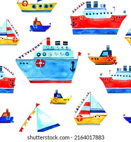 Seamless Watercolor Pattern Of Blue Steamer And Boats And Ships With Flags. Red Life Buoy. Ships In Cartoon Style. Design For Kids Wallpaper, Backgrounds, Decorations, Party Decor.