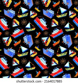 Seamless Watercolor Pattern Of Blue Steamer And Boats And Ships With Flags. Red Life Buoy. Ships In Cartoon Style. Design For Kids Wallpaper, Backgrounds, Decorations, Party Decor.