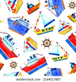 Seamless Watercolor Pattern Of Blue Steamer And Boats And Ships With Flags. Red Life Buoy. Ships In Cartoon Style. Design For Kids Wallpaper, Backgrounds, Decorations, Party Decor.