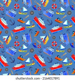 Seamless Watercolor Pattern Of Blue Steamer And Boats And Ships With Flags. Red Life Buoy. Ships In Cartoon Style. Design For Kids Wallpaper, Backgrounds, Decorations, Party Decor.