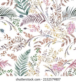 Seamless watercolor pattern with boho style fern branches and leaves drawn for summer clothes textile and surface design
