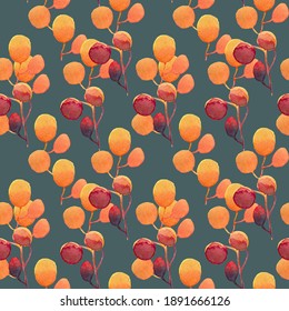 Seamless watercolor pattern with bright yellow-orange balls on the branches. Preferred for textiles, wallpaper, wrapping paper, interior decoration.