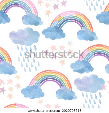 Seamless watercolor pattern of clouds and rainbows on a background of rain and stars. Childish gentle background.