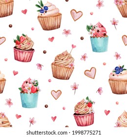 Seamless watercolor pattern with confectionery and flowers. Cupcakes, decorations, berries, flowers. Hand-drawn - Powered by Shutterstock