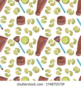 Seamless watercolor pattern with creams, patches, cucumber slices, brushes on a white background. Suitable for the design of beauty salons, cosmetics, packaging printing, business card design, textile - Powered by Shutterstock