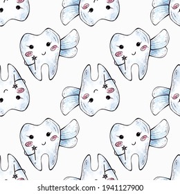 seamless watercolor pattern dentistry and teeth. cartoon cute teeth emoticons on white background. ornament for printing on children's things, fabrics, wallpaper, paper, packaging. - Powered by Shutterstock