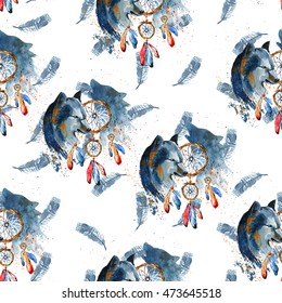 Seamless Watercolor Pattern With Dream Catcher With Two Wolves And Feathers