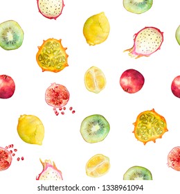 Seamless watercolor pattern. Exotic fruits. Kiwi, dragon fruit, lemon, pomegranate on white background. Hand drawn