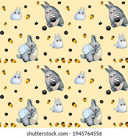Patrón de acuarela sin foco con bellotas  bombillas negras y personajes de dibujos animados de Totoro  Textura para tela  papel envolvente 