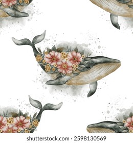 Seamless watercolor pattern featuring compositions of whales and flowers. Dreamy and artistic marine design with delicate floral elements, perfect for textiles, wallpapers, wrapping paper