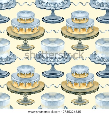 Seamless watercolor pattern featuring elegant tiered cakes on stands with blue frosting. Sweet bakery background for kitchen decor, wrapping paper, and cafe menus. Delicate hand-painted food art.