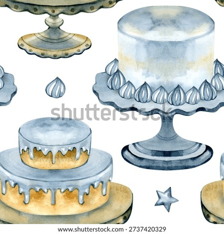 Seamless watercolor pattern featuring elegant tiered cakes on stands with blue frosting. Sweet bakery background for kitchen decor, wrapping paper, and cafe menus. Delicate hand-painted food art.