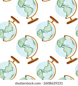 Seamless watercolor pattern featuring globes. Perfect for travel, education, geography, and global-themed designs for fabric, wallpaper, stationery, and home decor.