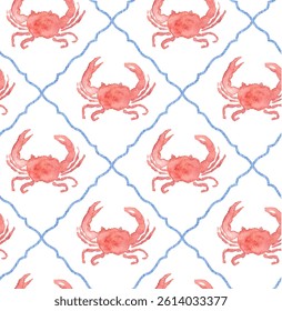 Seamless watercolor pattern featuring red crabs and a hand-drawn blue lattice grid on a white background. Perfect for summer-themed textile designs, coastal decor, beachwear, and wrapping paper.