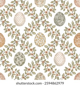 Seamless watercolor pattern with flowers and Easter eggs in a vintage and whimsical style. Hand-painted delicate elements in the trendy 2025 color palette create a charming and festive spring design.