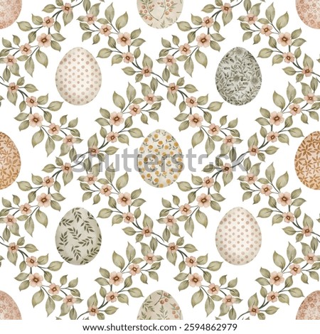 Seamless watercolor pattern with flowers and Easter eggs in a vintage and whimsical style. Hand-painted delicate elements in the trendy 2025 color palette create a charming and festive spring design.
