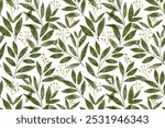 Seamless watercolor pattern of green leaves and small branches on a white background. Leafy design with natural elements, perfect for watercolor nature-themed projects.