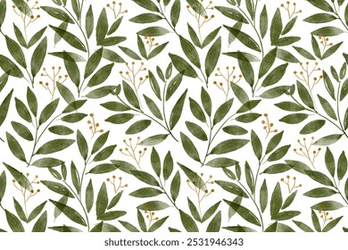 Seamless watercolor pattern of green leaves and small branches on a white background. Leafy design with natural elements, perfect for watercolor nature-themed projects.