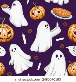 Seamless watercolor pattern Halloween with ghost pumpkin and pie on dark background  - Powered by Shutterstock