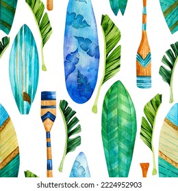 Seamless Watercolor Pattern. Hand Drawn Surfer Boards, Canoe Paddles And Palm Leaves. Summer, Surfing, Vacation, Upright