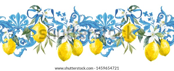 シームレスな水彩柄とレモンとバロックの装飾 青い地中海柄 黄色いレモンと花 水平壁紙 のイラスト素材