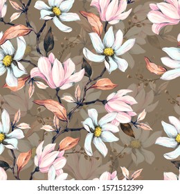 Seamless Magnolia Pattern Design Stock Illustration 1288092094