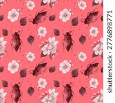 Seamless watercolor pattern with May bugs and spring flowers