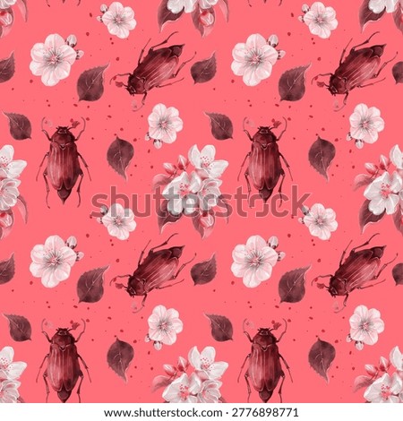 Seamless watercolor pattern with May bugs and spring flowers