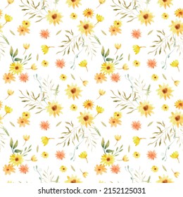 Seamless watercolor pattern with a meadow flowers, sunflowers, leaves and wildflowers on a white background