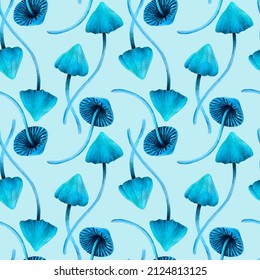 Seamless watercolor pattern with mushrooms entoloma hochstetteri on a light blue background, hand drawing, ideal for wrappers, fabrics, textiles.