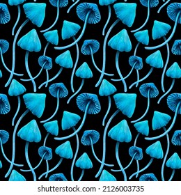 Seamless watercolor pattern with mushrooms entoloma hochstetteri on a black background, hand drawing, ideal for wrappers, fabrics, textiles.