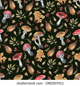 Seamless watercolor pattern on a black background. Various mushrooms, various natural materials. The basis for the decor of fabric, paper, notebook covers, diaries
