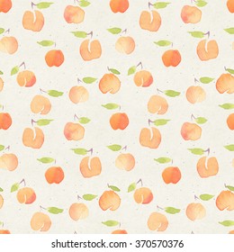 Seamless watercolor pattern on paper texture. Cute peach background. 