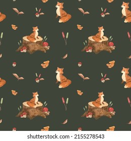 Seamless watercolor pattern on the theme of autumn and cute animals with little foxes, twigs with leaves, wild berries, twigs, tree stumps, mushrooms and decor for your design in high quality